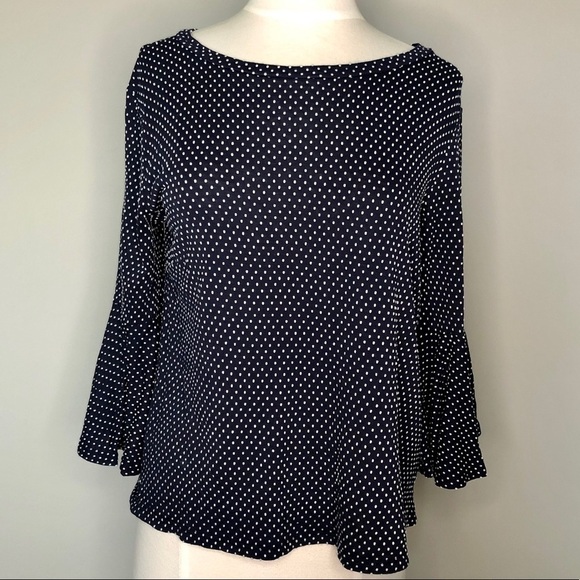 Anthropologie Sunday in Brooklyn Navy Polka Dot Trumpet Sleeve Top, Small - Picture 2 of 8